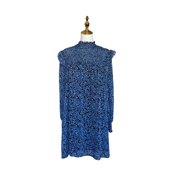 Francesca's Collections Dresses & Skirts - Francesca's Collections Blue Floral Ruched Long Sleeve High Neck Dress